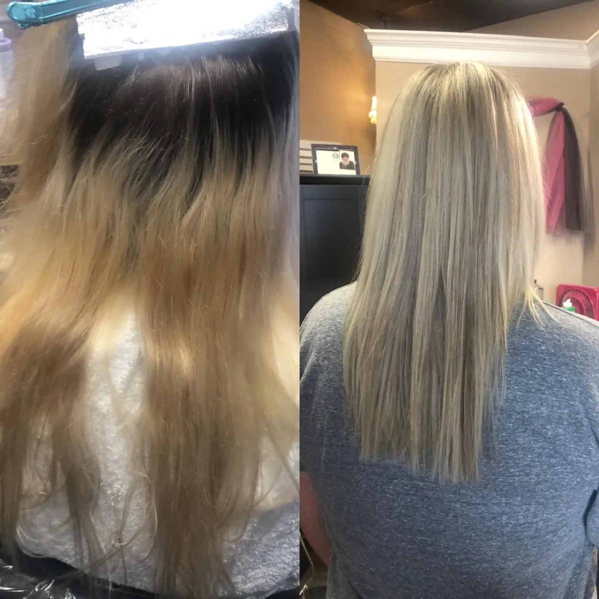 Blonde highlight retouch shown before and after