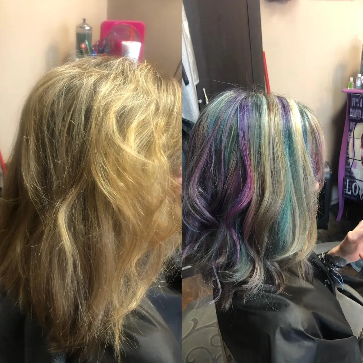 Blonde hair transformed with blue, violet, and green creative color