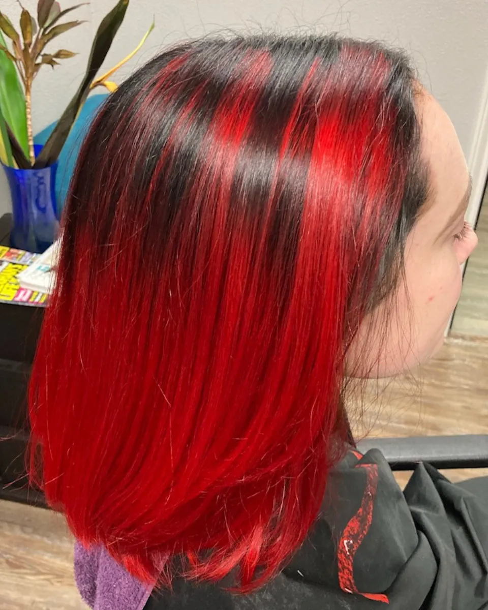 Glossy red balayage after transformation by Misty King